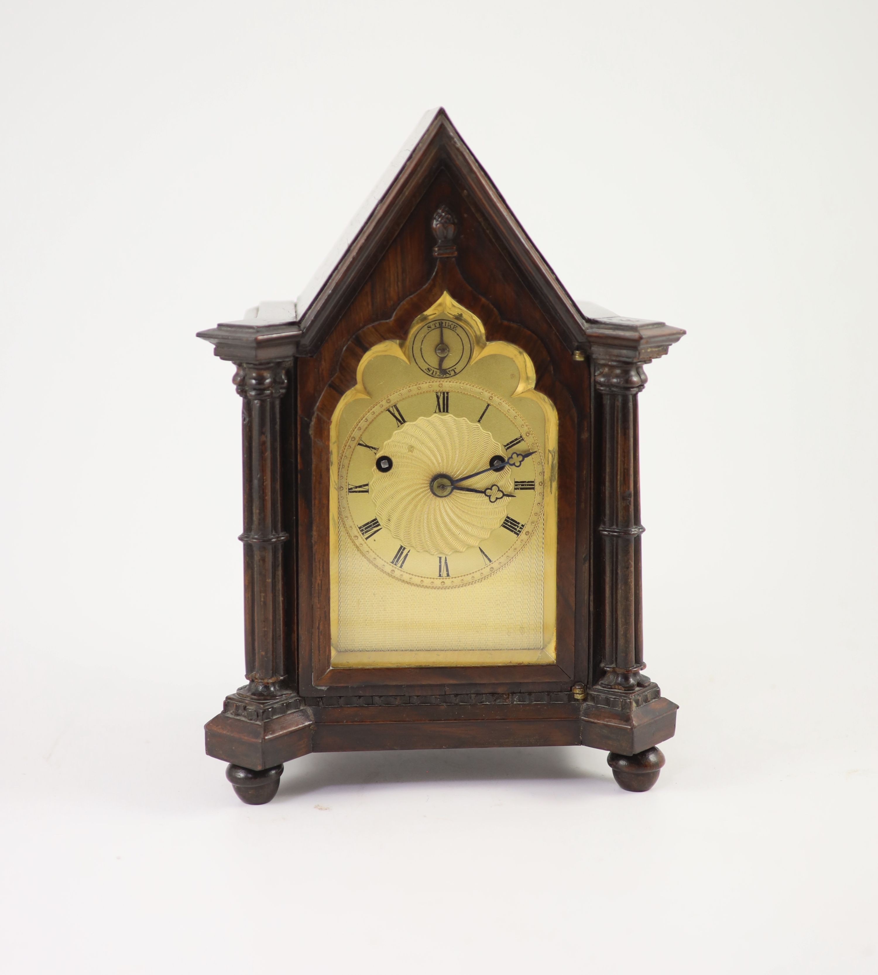 An early Victorian gothic revival rosewood mantle clock, width 18cm depth 13cm height 25cm